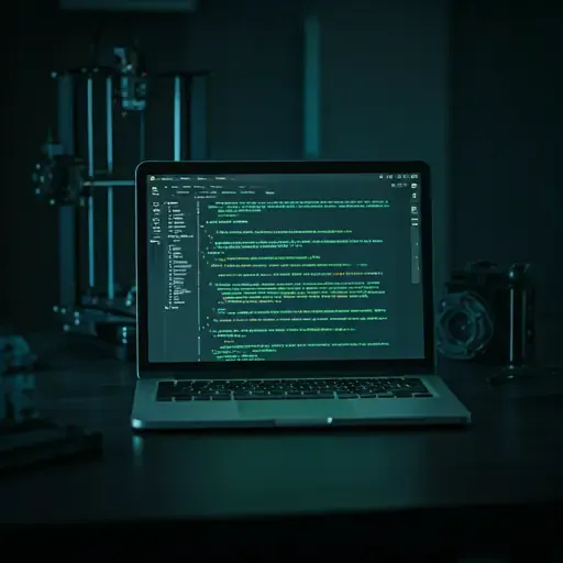 Laptop mit grünem Code auf dem Bildschirm, im Hintergrund ein 3D-Drucker